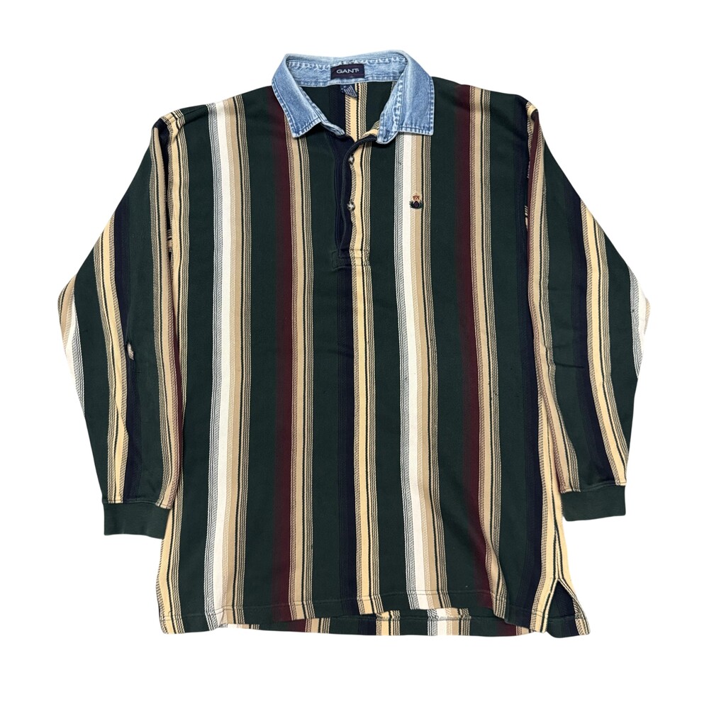 Vintage 90s GANT Rugby Polo Shirt Mens XL Long Sleeve Multicolor Stripe Denim